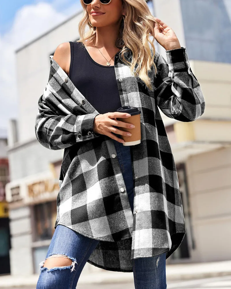 Zeagoo Womens Shacket Jacket 2023 Fashion Long Sleeve Flannel Shirt Plaid Button Down Blouse Coats Top with Pockets