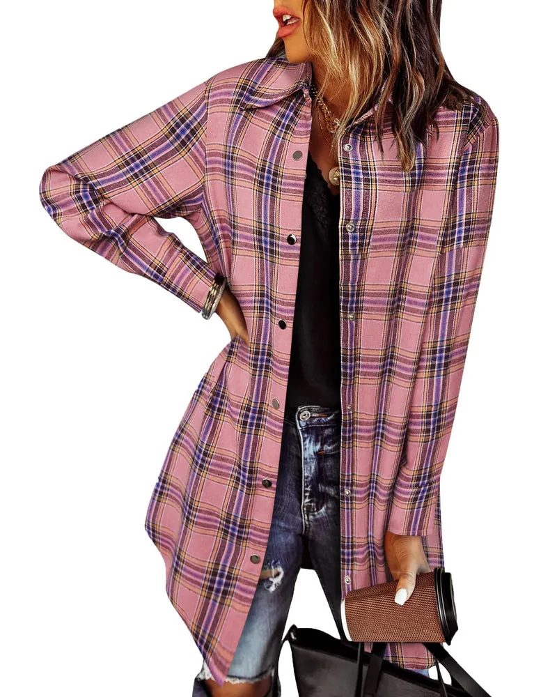 Zeagoo Womens Shacket Jacket 2023 Fashion Long Sleeve Flannel Shirt Plaid Button Down Blouse Coats Top with Pockets