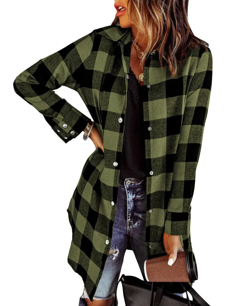 Zeagoo Womens Shacket Jacket 2023 Fashion Long Sleeve Flannel Shirt Plaid Button Down Blouse Coats Top with Pockets